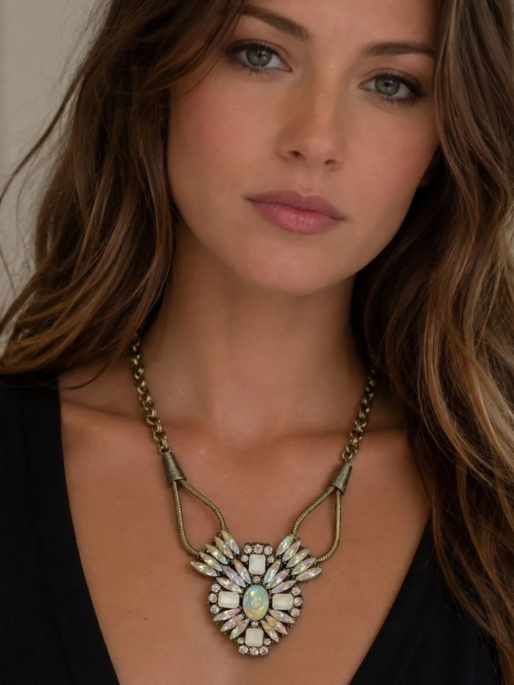 Baublebar AB Rhinestone Iridescent Cabochon Statement Necklace Gold Tone Glam